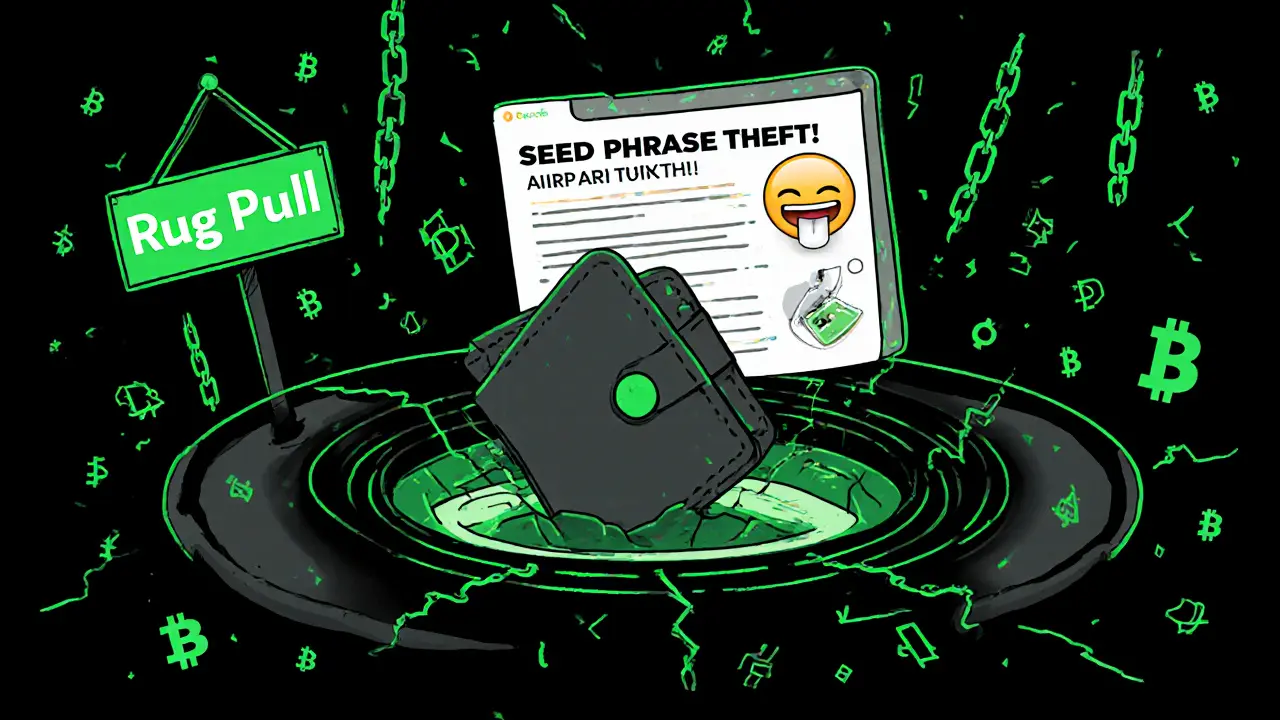 Brieftasche wird in einen Phishing-Vortex gezogen, während ein falscher Airdrop-Link erscheint.