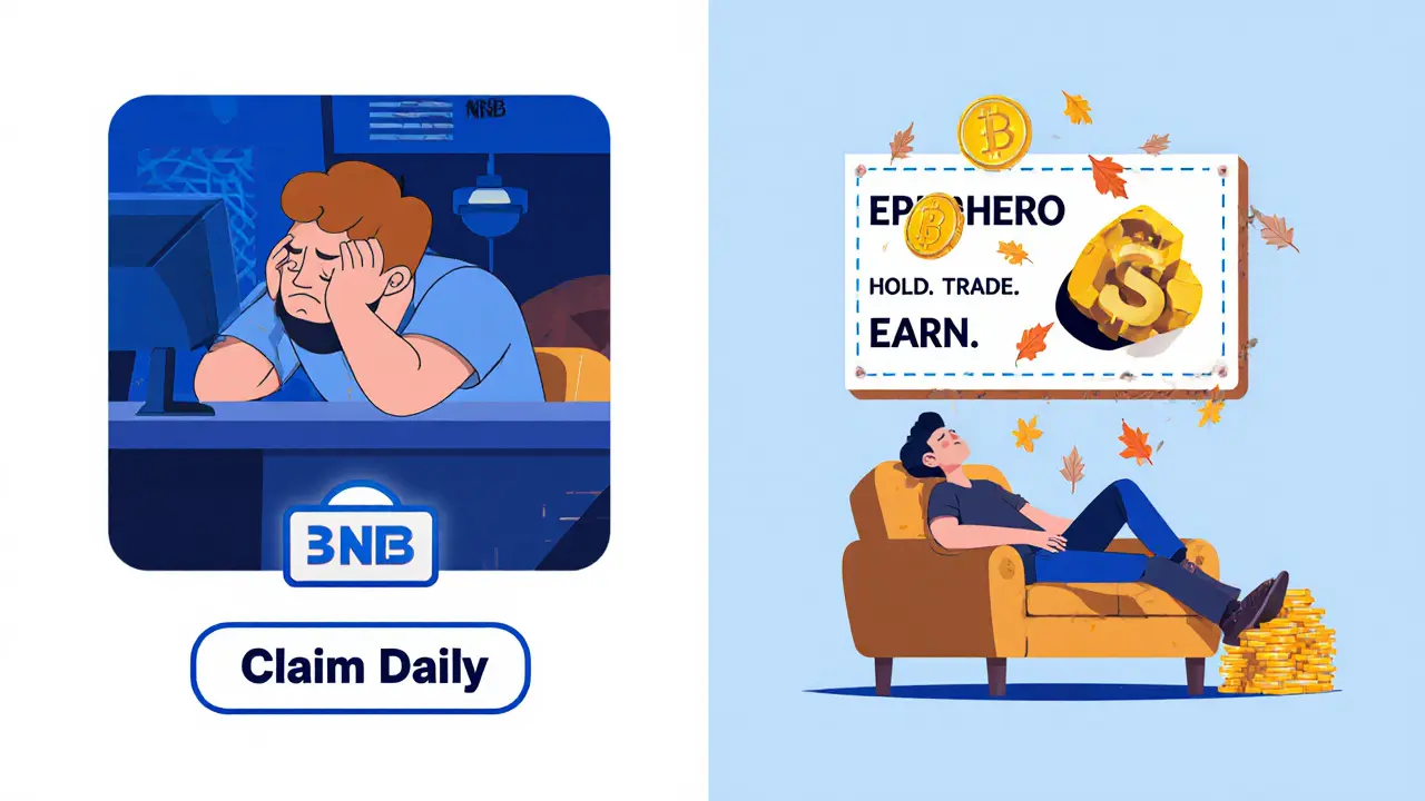 Ein entspannter Nutzer hält ein NFT, während BNB-Münzen automatisch in seine Wallet fließen.