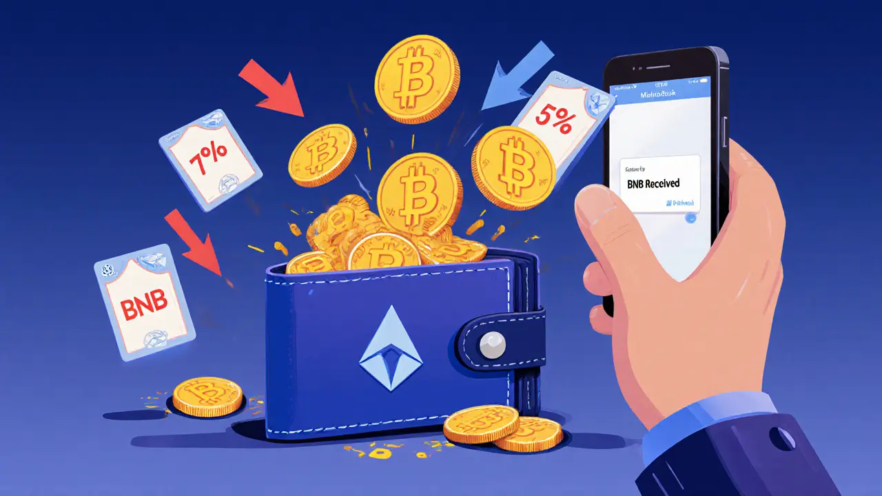 Eine Wallet, die automatisch BNB-Münzen empfängt, während NFTs gehandelt werden.