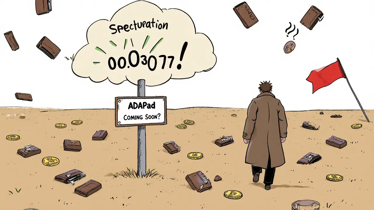 Leeres Feld mit Schild &#039;ADAPad - kommt bald?&#039; und zerbrochene Wallets im Wind.