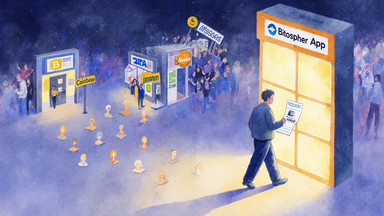 Nutzer geht auf einen nicht existierenden App-Portal zu, während andere Börsen sicher und bevölkert sind.