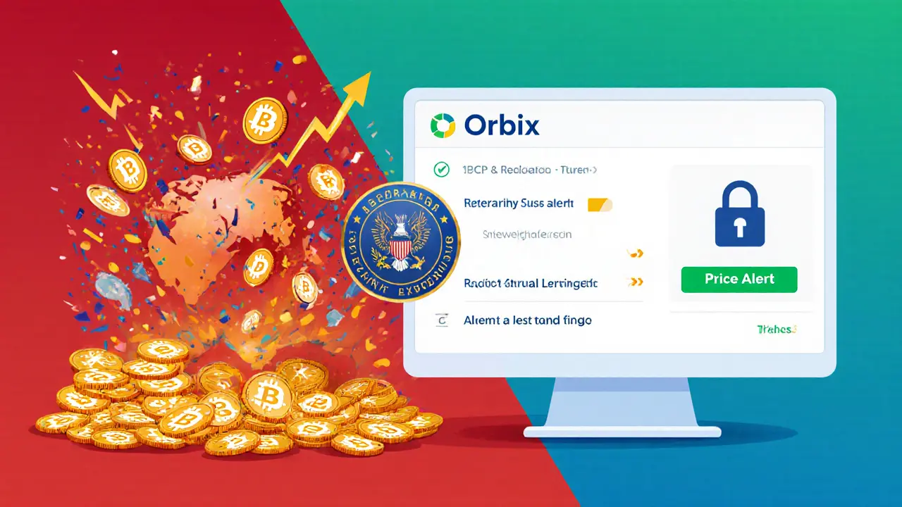 Vergleich: Chaotische globale Börse links, ruhige und sichere Orbix-Plattform rechts mit regulatorischem Siegel.