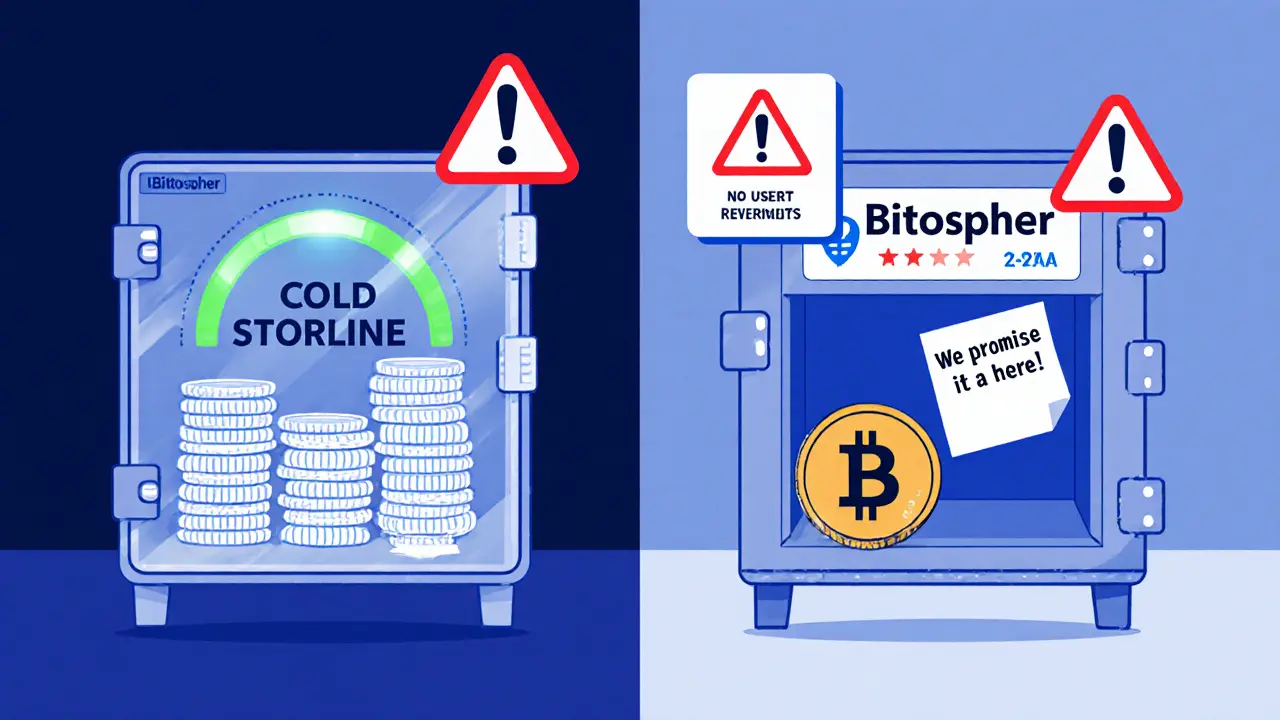Vergleich: Transparenter, voller Kryptosafe links vs. leerer Safe mit falscher Versprechen-Notiz rechts.