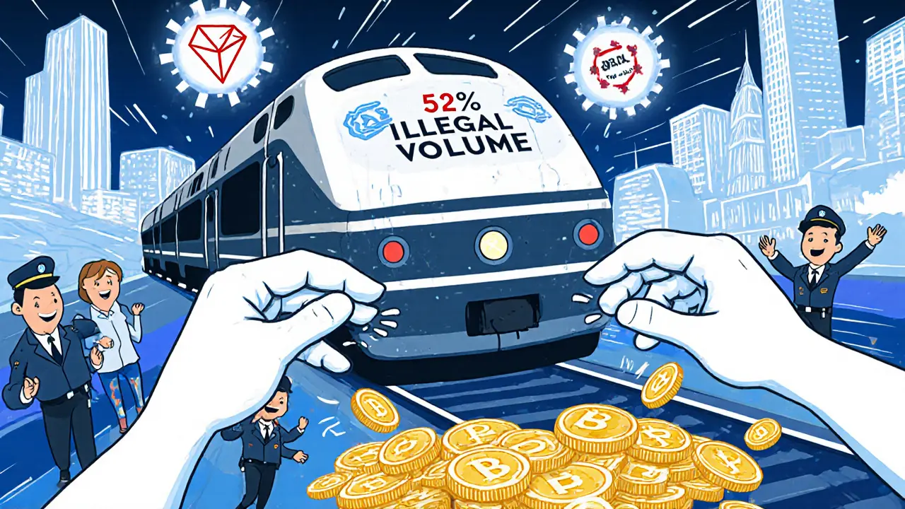 A giant TRON blockchain train being stopped by three organizations freezing illegal USDT coins, with money returning to victims.