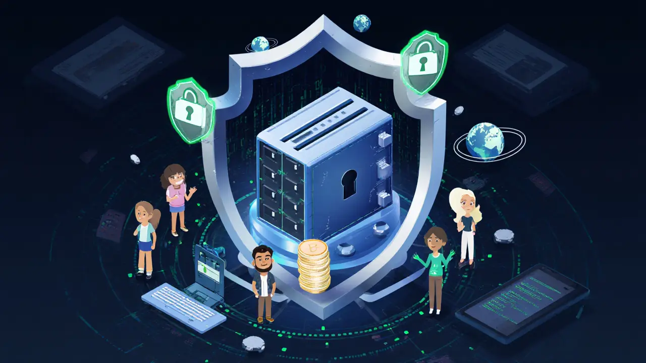Ein sicherer Kaltwallet-Schutz mit digitalen Schildern und Zwei-Faktor-Authentifizierung, dargestellt als Cartoon-Szene mit einem kleinen Team, das die Sicherheit überwacht.