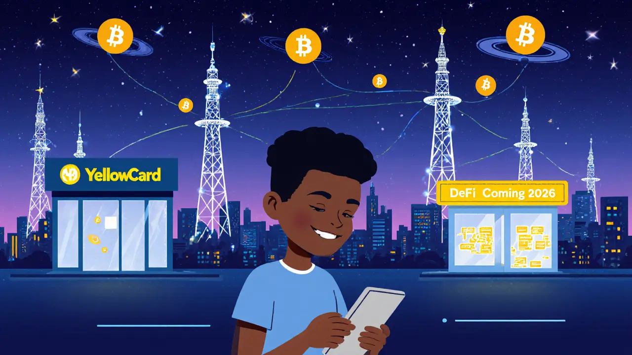 Eine afrikanische Stadt mit YellowCard-Knotenpunkten und schwebenden Kryptowährungen, symbolisiert die Zukunft von DeFi und Finanzinnovation.