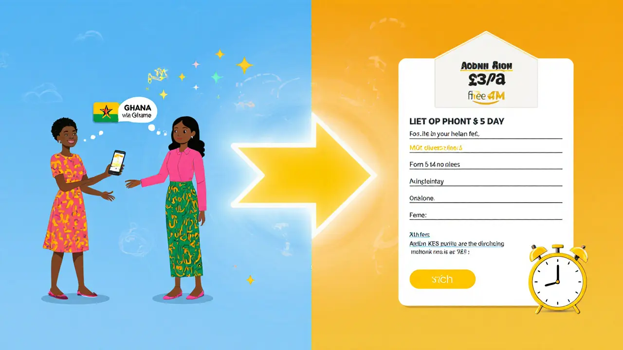 Eine Frau in Ghana sendet Geld per Yellow Pay an ihre Schwester in Zambia – nur mit einer Telefonnummer und ohne Gebühren.