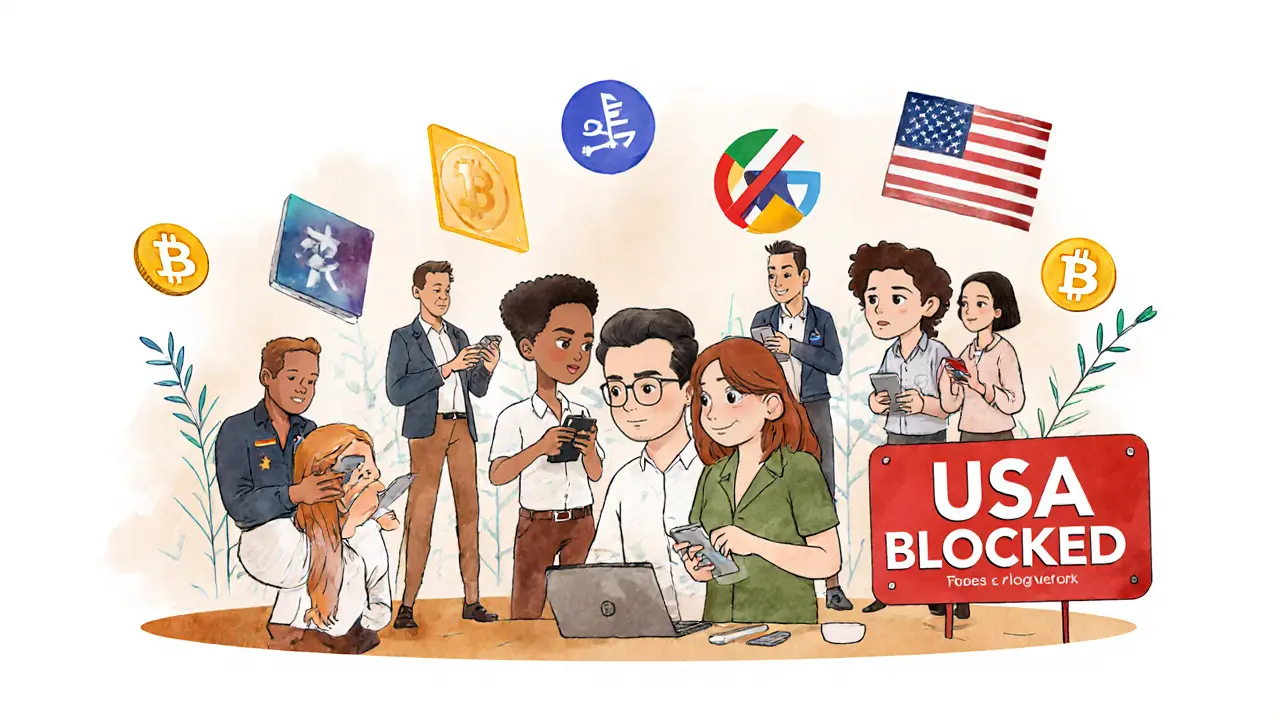 Eine internationale Gruppe von Tradern, die auf verschiedenen Geräten handeln, während die USA als blockiert markiert sind, umgeben von integrierten Tools wie Koinly und CoinGecko.