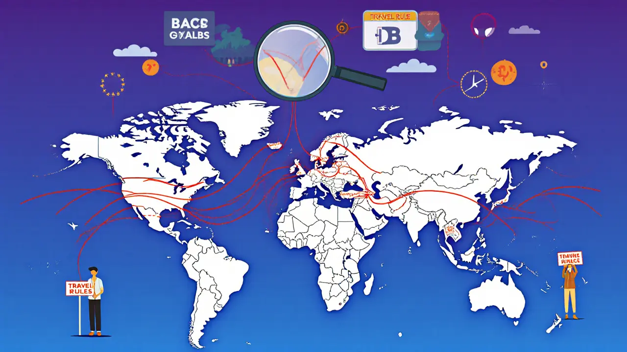 Global map with fading and persistent crypto crime flows, highlighting regions where regulations are adopted or ignored.