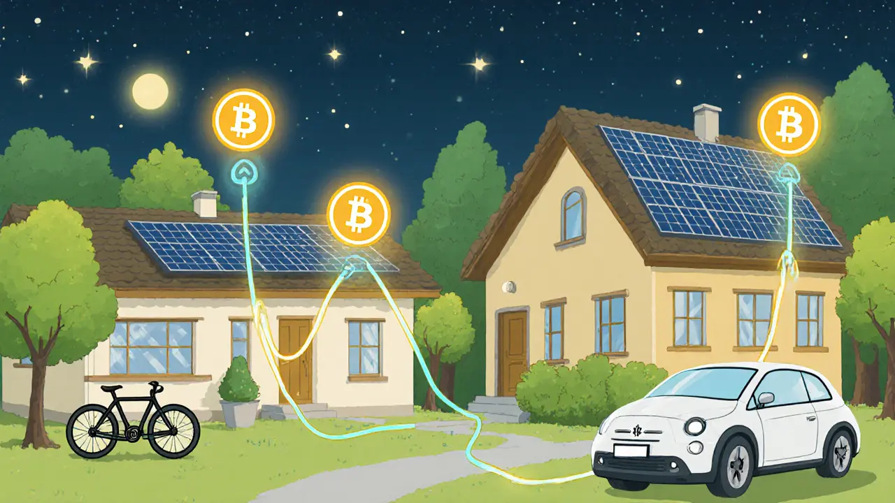 Nachbarn tauschen überschüssige Solarenergie peer-to-peer aus, mit automatischen Zahlungen und einem nachhaltigen Gemeinschaftsgefühl.