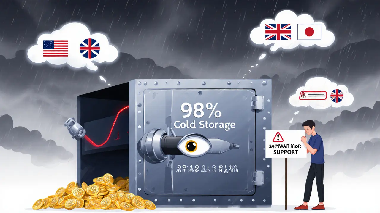 Sicherheitsvault mit KI-Überwachung, während ein Nutzer auf Support wartet unter regulatorischen Warnzeichen aus USA, UK und Japan.