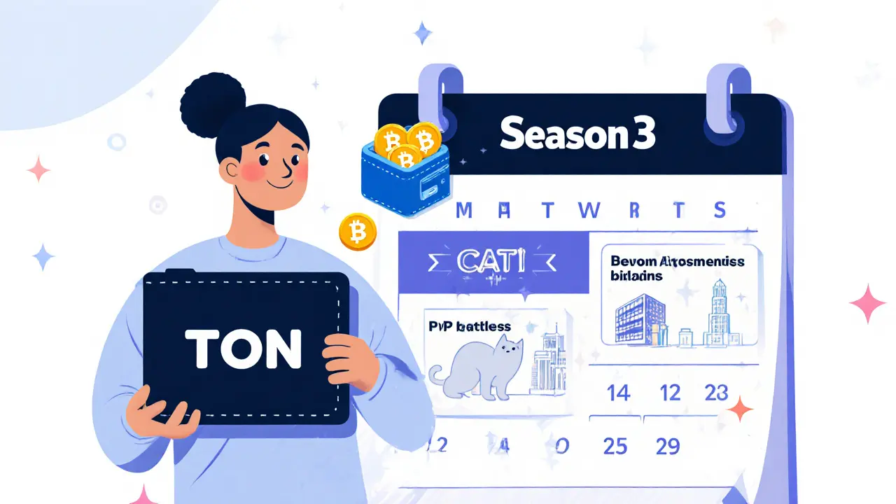 Spieler erhält CATI-Token von einer Katze-NFT und erlebt neue Spiel-Updates.