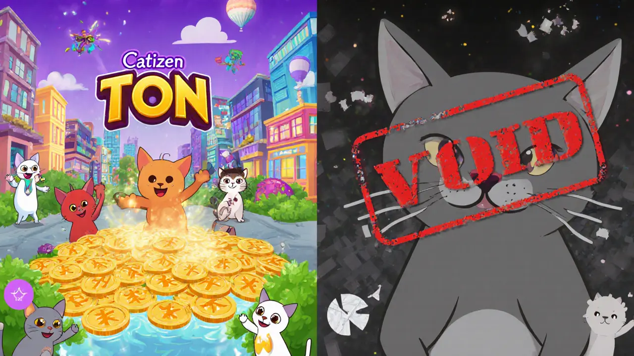 Vergleich: Lebendige Catizen-Welt auf TON vs. tote Version auf Solana.