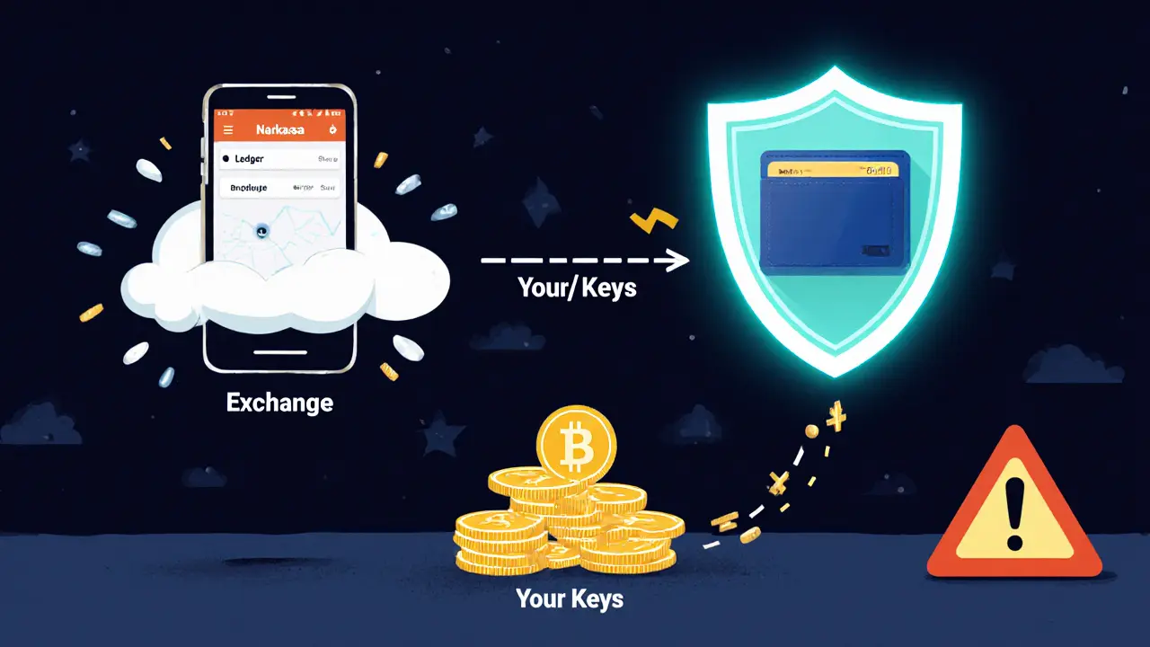 Benutzer überträgt Kryptowährungen von einer Börse auf eine Hardware-Wallet, symbolisiert als Schild.