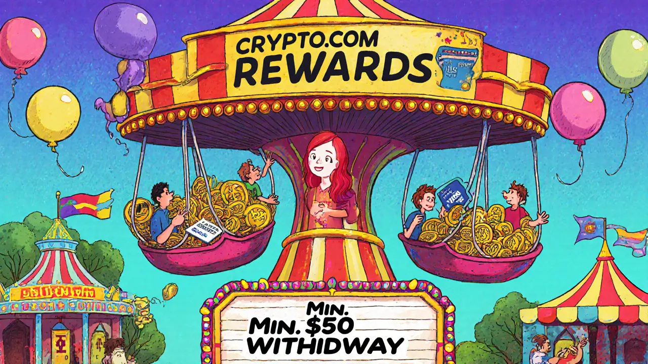 Bunte Belohnungsattraktion mit Kryptowährungen und Visa-Karten, aber hohe Mindestauszahlung.