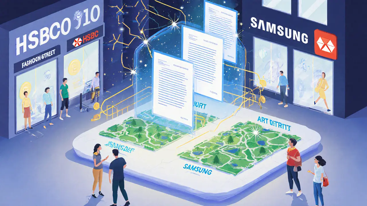 Digitales Grundstücksmarkt in Decentraland mit holographischen NFT-Landstücken, Firmenlogos und smarten Verträgen, die zwischen Nutzern vermitteln.