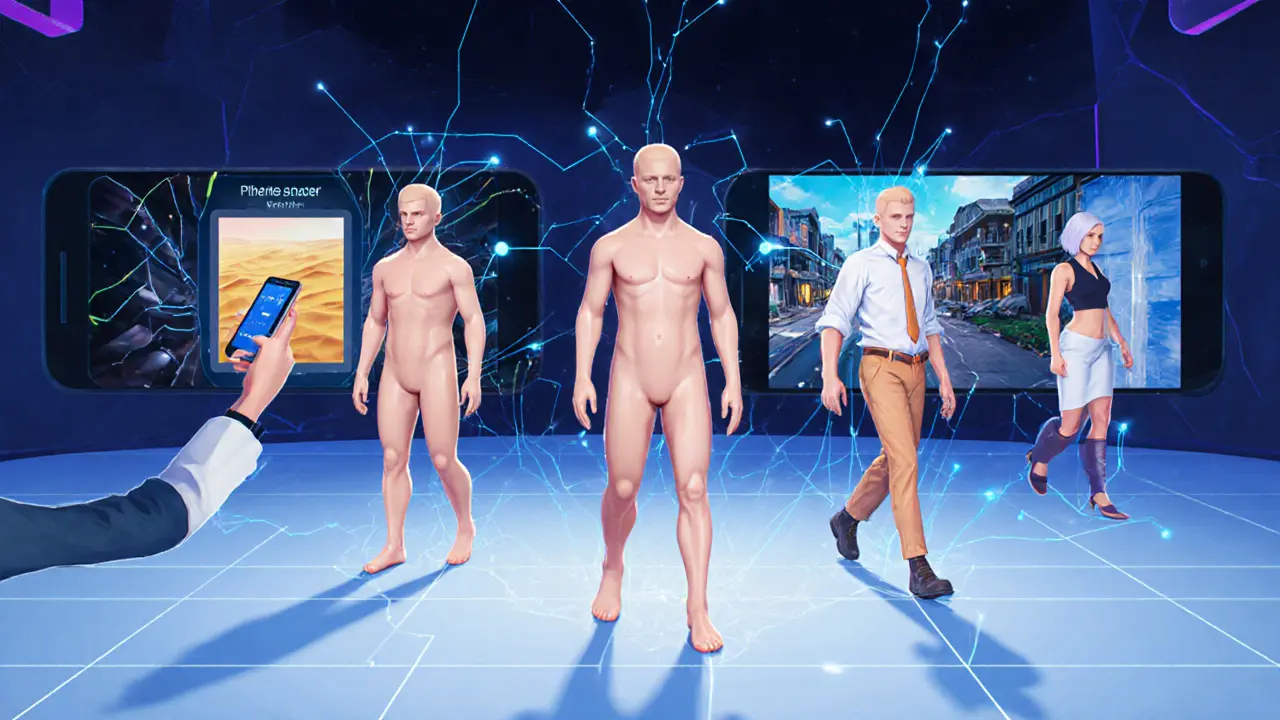 Ein Mensch scannt sich selbst, und sein digitaler Zwilling erscheint in mehreren Metaverse-Welten gleichzeitig — Symbol für universelle digitale Identität.