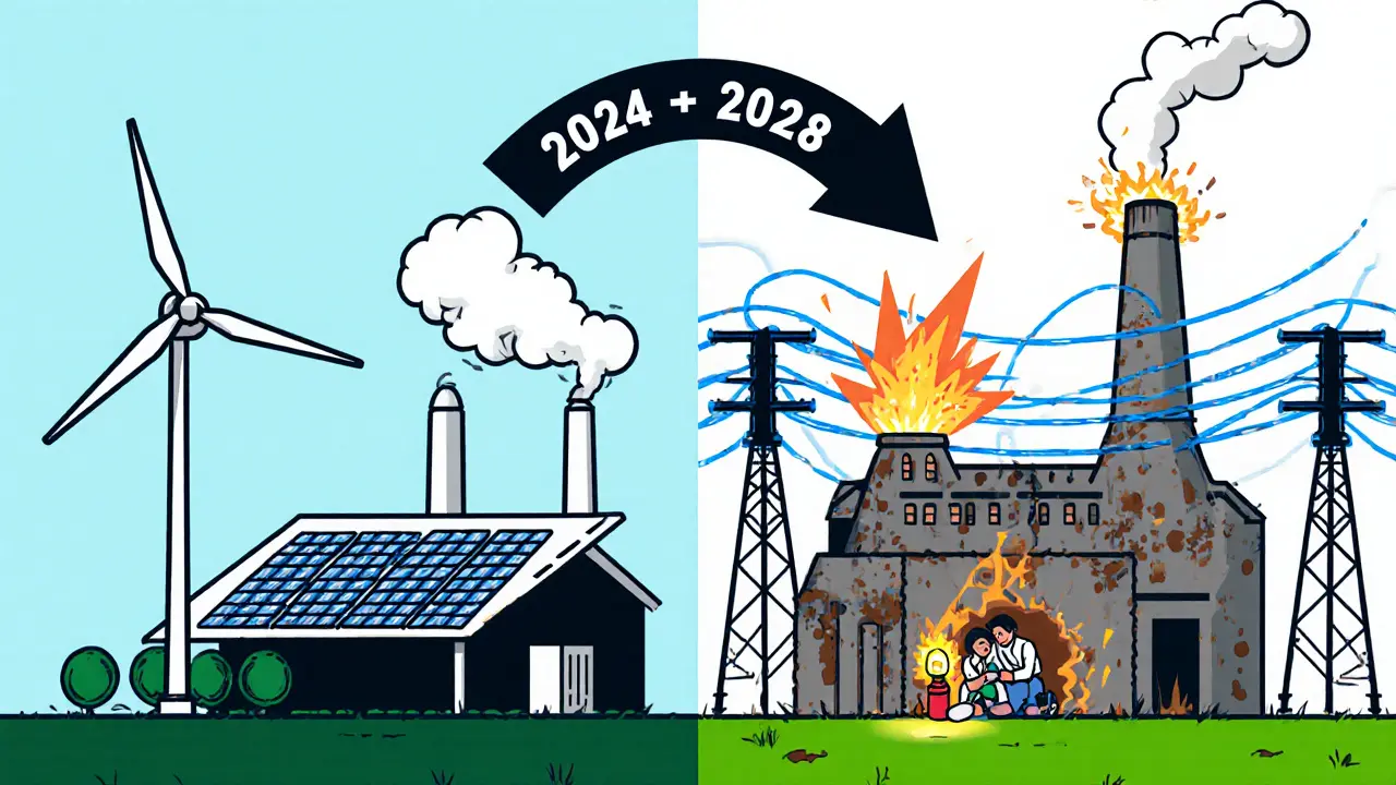 Ein moderner Mining-Betrieb mit Solardächern neben einer veralteten Kohlekraftwerk-Anlage, die versagt.