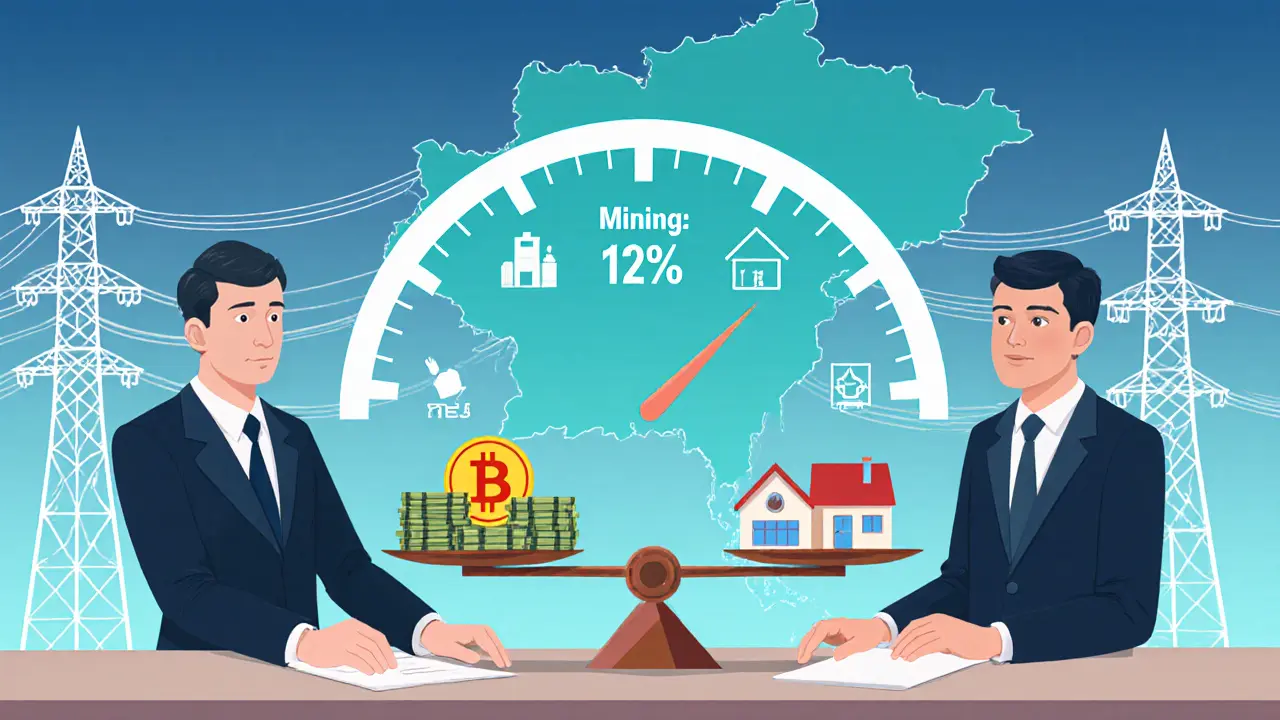 Ein Regierungsbeamter und ein Mining-Unternehmer diskutieren über Stromverteilung zwischen Wirtschaft und Bevölkerung.