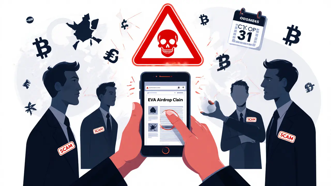 Eine Person sieht auf ihrem Handy eine betrügerische EVA-Airdrop-Webseite, während Schatten mit 'BETRUG'-Schildern lauern.