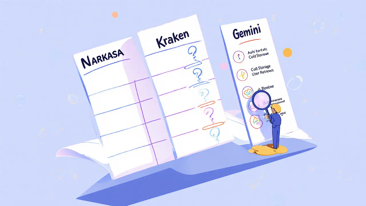 Vergleichstabelle mit Narkasa als undurchsichtig und Kraken/Gemini als transparent, dargestellt als Cartoon-Infografik.