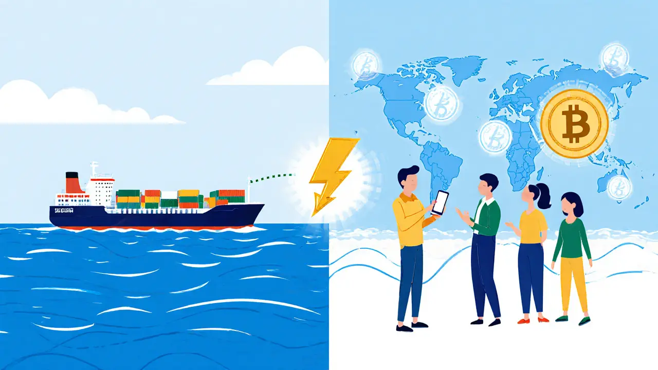 Ein Frachter in Singapur sendet Bitcoin an Nigeria, während eine Familie in Mexiko Geld an Verwandte in den USA überweist.