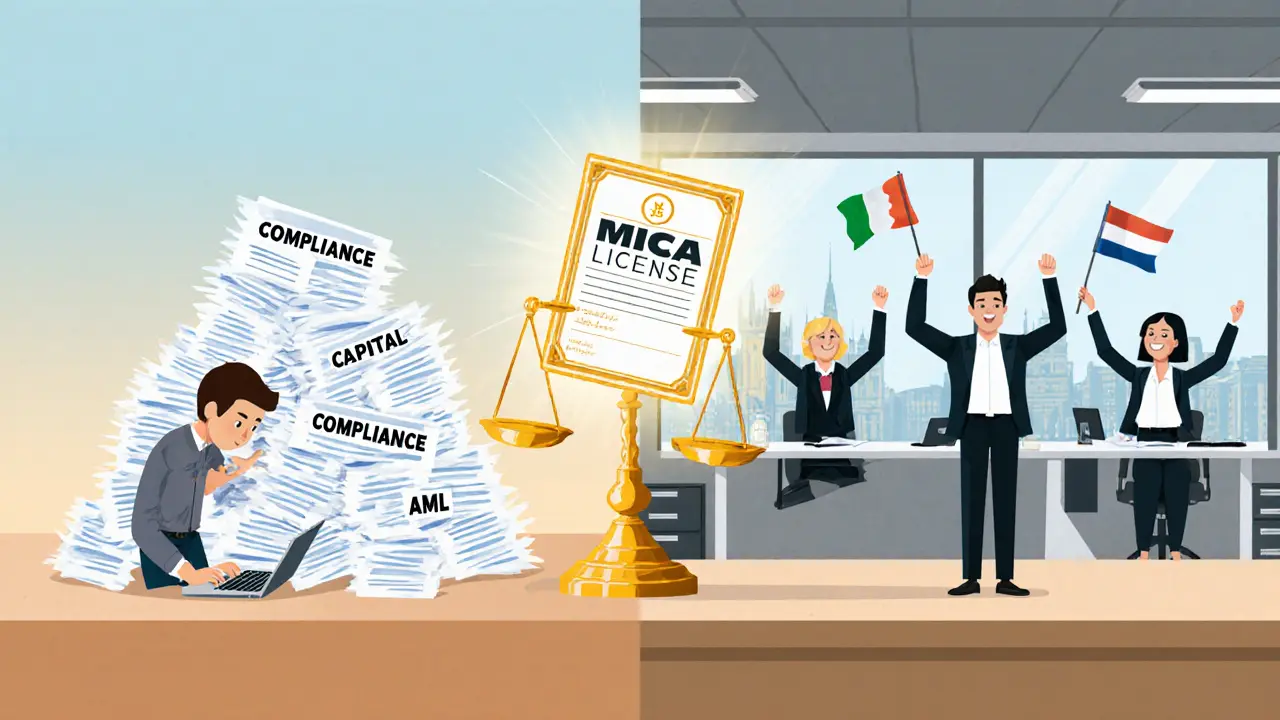 Ein kleiner Startup-Gründer kämpft mit Papierbergen, während ein großes Unternehmen eine MiCA-Lizenz feiert.
