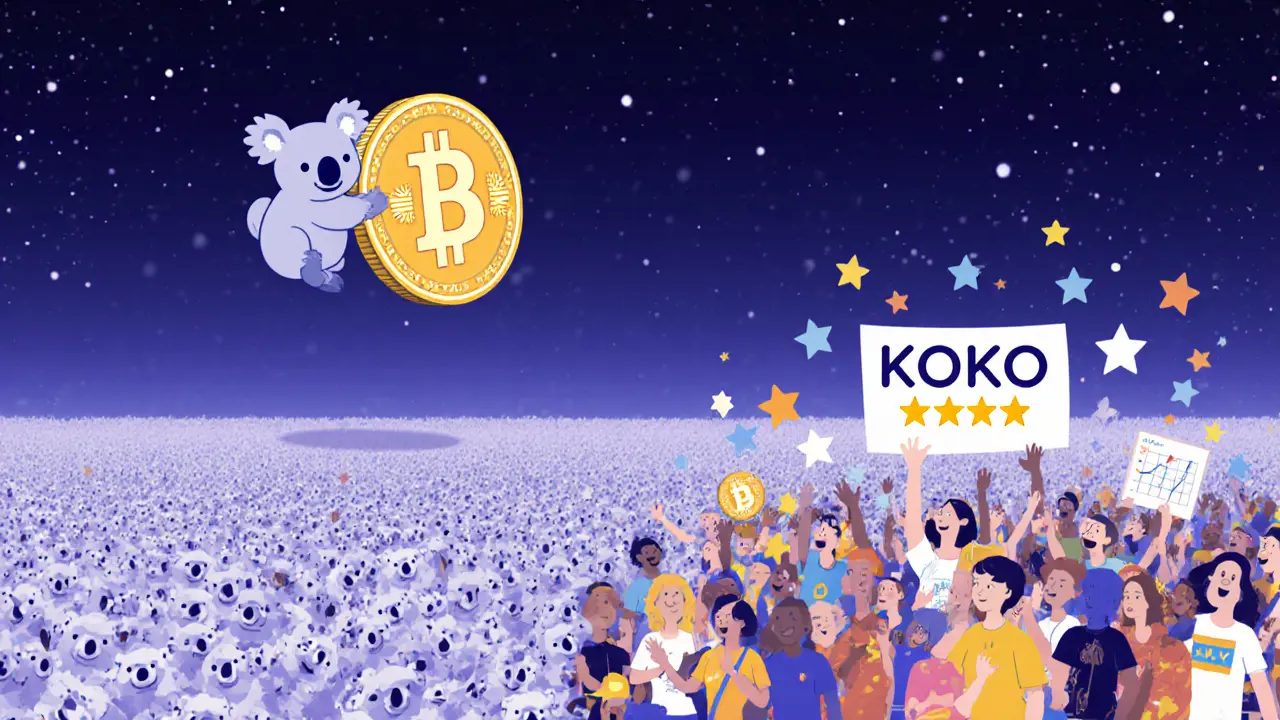 Einsamer Koala-Token in einer Flut von Milliarden identischer Token, neben einer lebendigen WIF-Community.