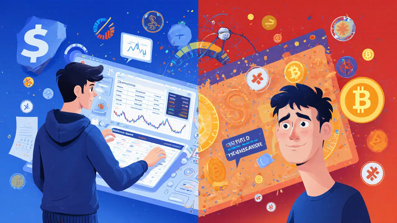 Gegenüberstellung eines erfahrenen Traders und eines verwirrten Einsteigers bei der Nutzung von Sifchain.