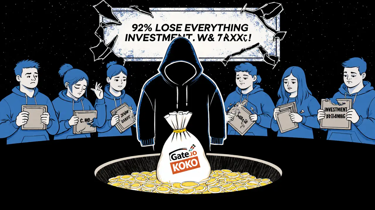 Unbekannte Person wirft KOKO-Token in einen schwarzen Loch, während andere mit leeren Geldbörsen stehen.
