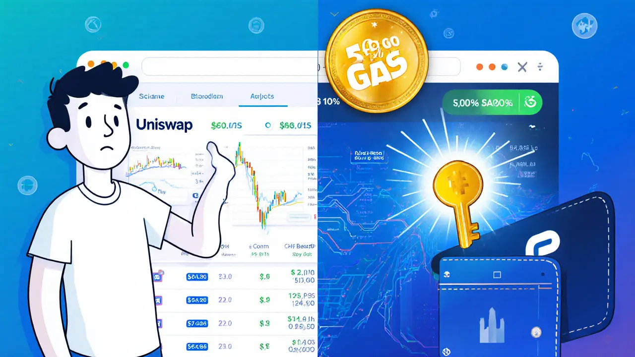 Vergleich: Ein Anfänger bei Uniswap vs. ein erfahrener Trader, der mit 1inch 30% spart durch optimierte Handelsrouten.