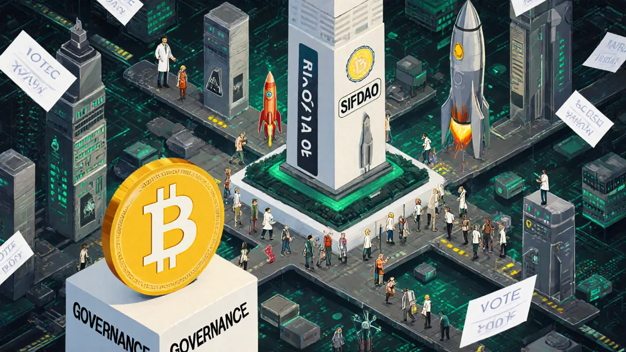 Zukunftsvision von Sifchain mit einer Blockchain-Stadt, die neue Ketten integriert und ROWAN als Governance-Token im Zentrum.