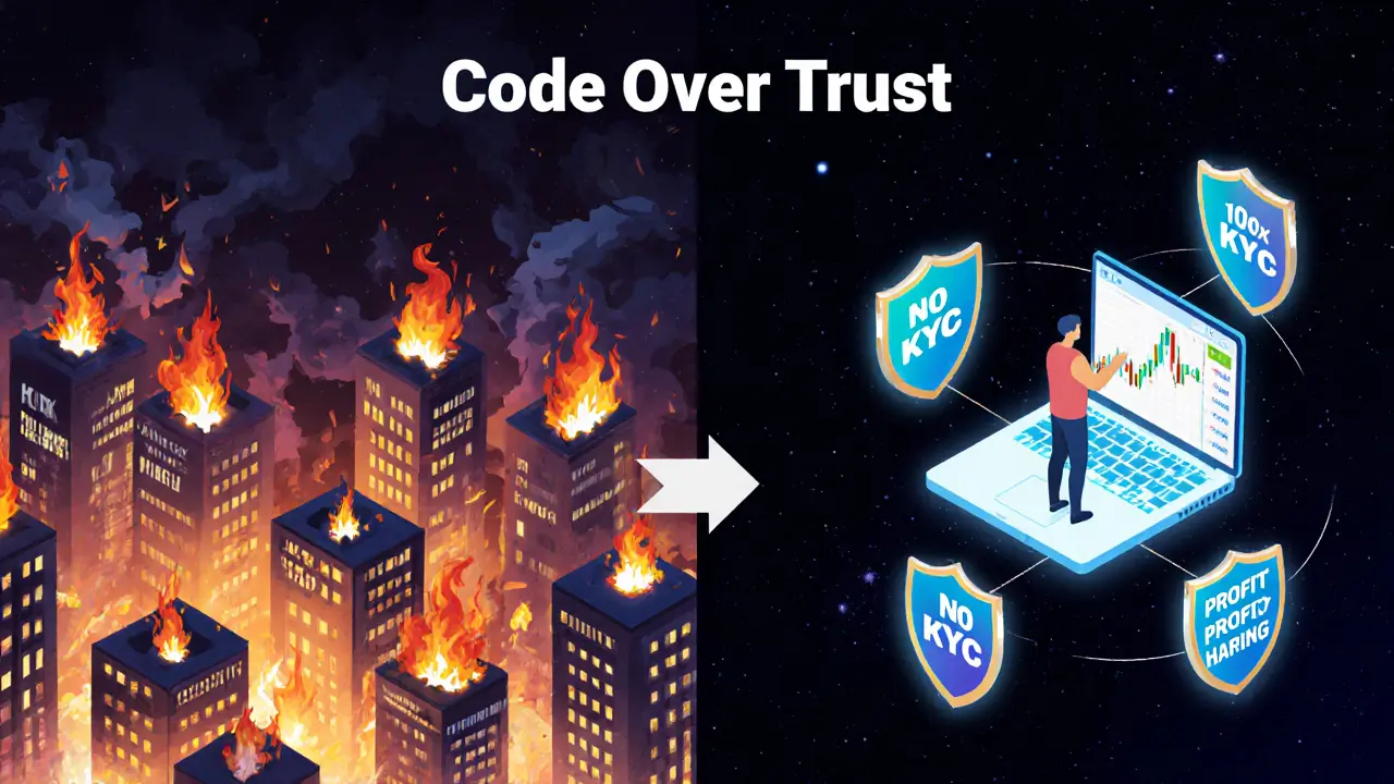 Contrast scene: chaotic centralized exchange vs. calm GMX interface with 'No KYC' and 'Profit Sharing' shields.