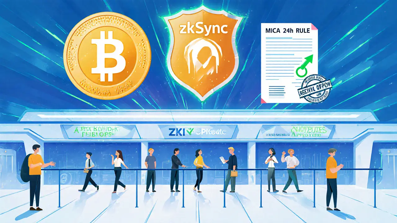 Crypto exchange counter with long wait line for Optimism and fast service for zkSync under MiCA compliance.