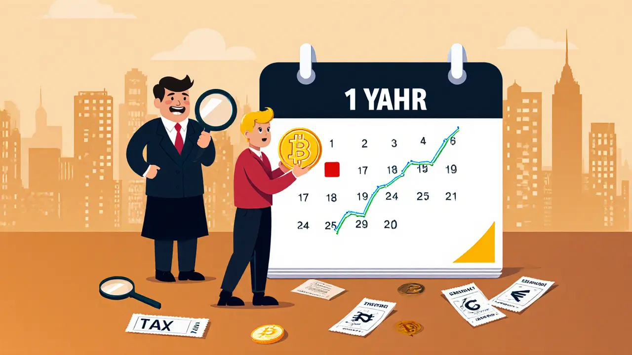 Deutscher Anleger vor einem Kalender mit der einjährigen Haltefrist und steuerlichen Beobachtung.