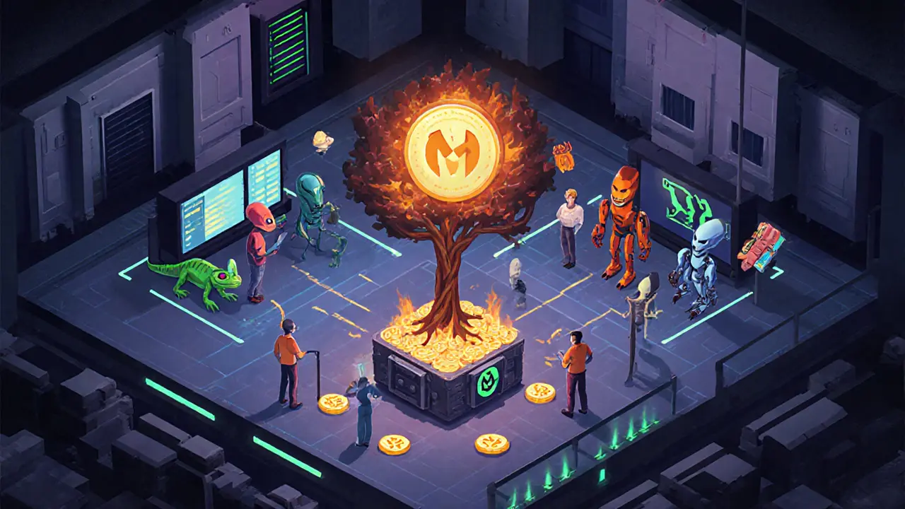 Drei autonome Sub-DAO-Teams verwalten verschiedene Play-to-Earn-Spiele, verbunden durch eine zentrale Token-Infrastruktur.