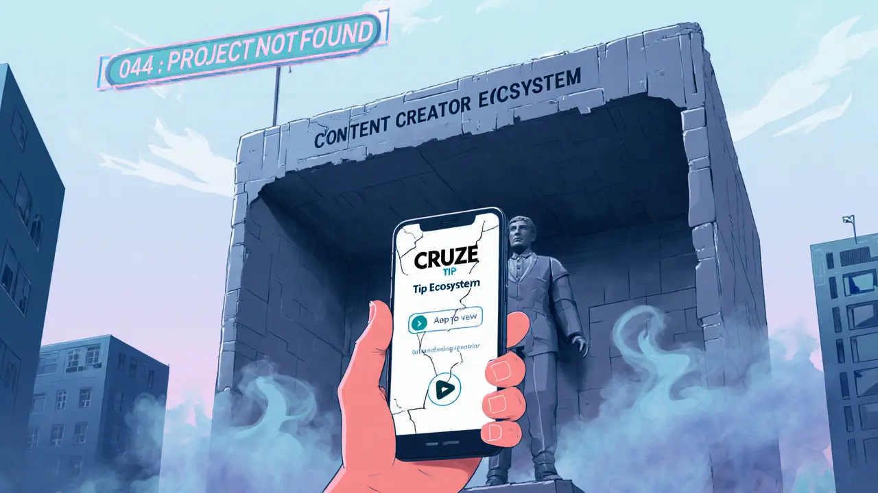 Ein Content-Creator versucht, einen wertlosen CRUZE-Tipp zu senden, während eine leere Plattform aus Rauch und Pappe hinter ihm zusammenbricht.