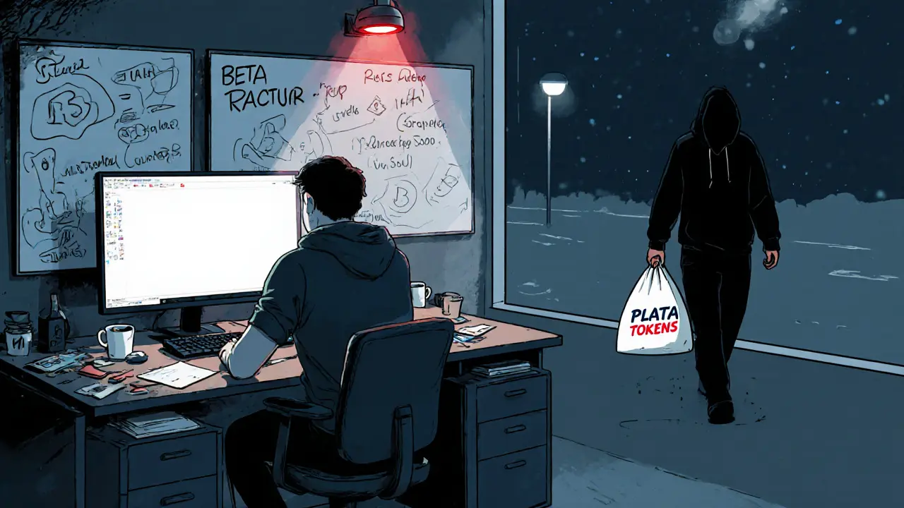 Ein Entwickler sitzt vor einem leeren Spielscreen, umgeben von unvollendeten Plänen, während ein Käufer geht.