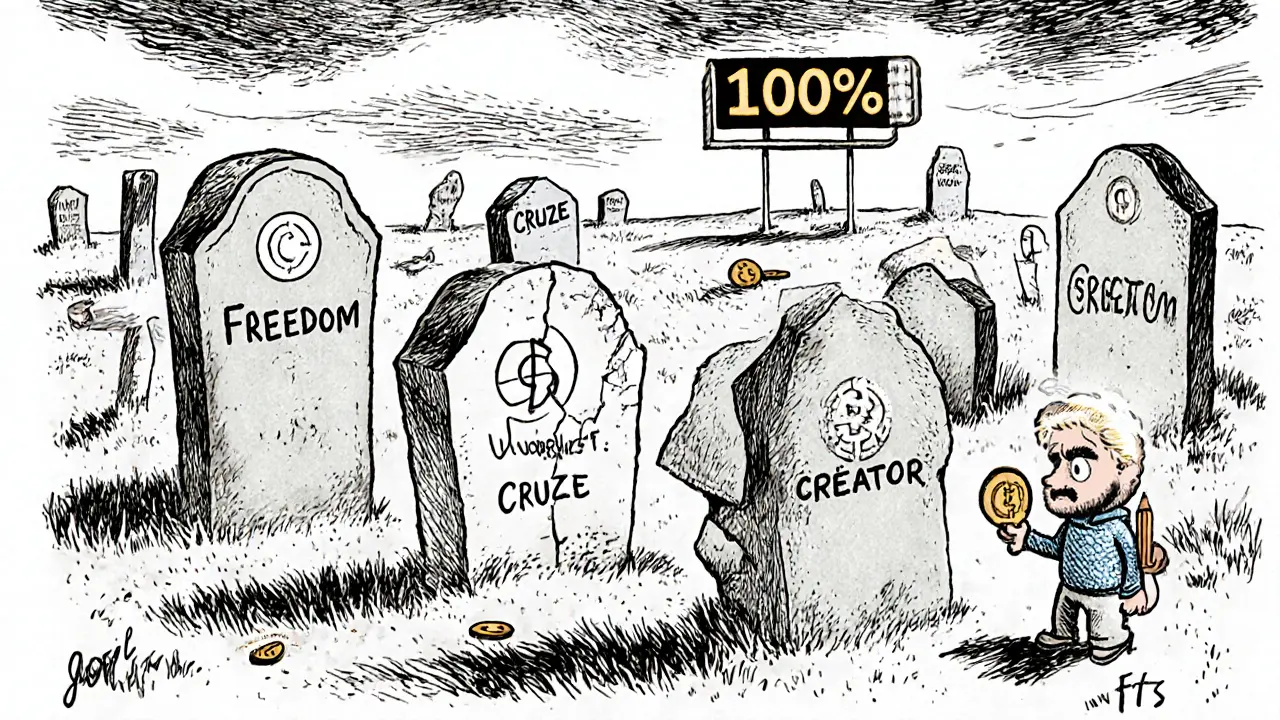 Ein Friedhof für gescheiterte Kryptowährungen mit einem Grabstein für CRUZE, während ein trauriger Anleger einen fast wertlosen Token hält.