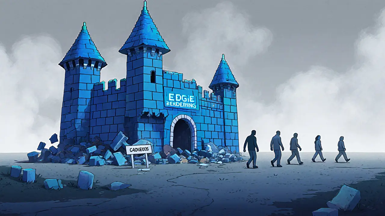 Ein zerfallendes Metaverse-Schloss aus digitalen Ziegeln, während Entwickler in den Nebel gehen.