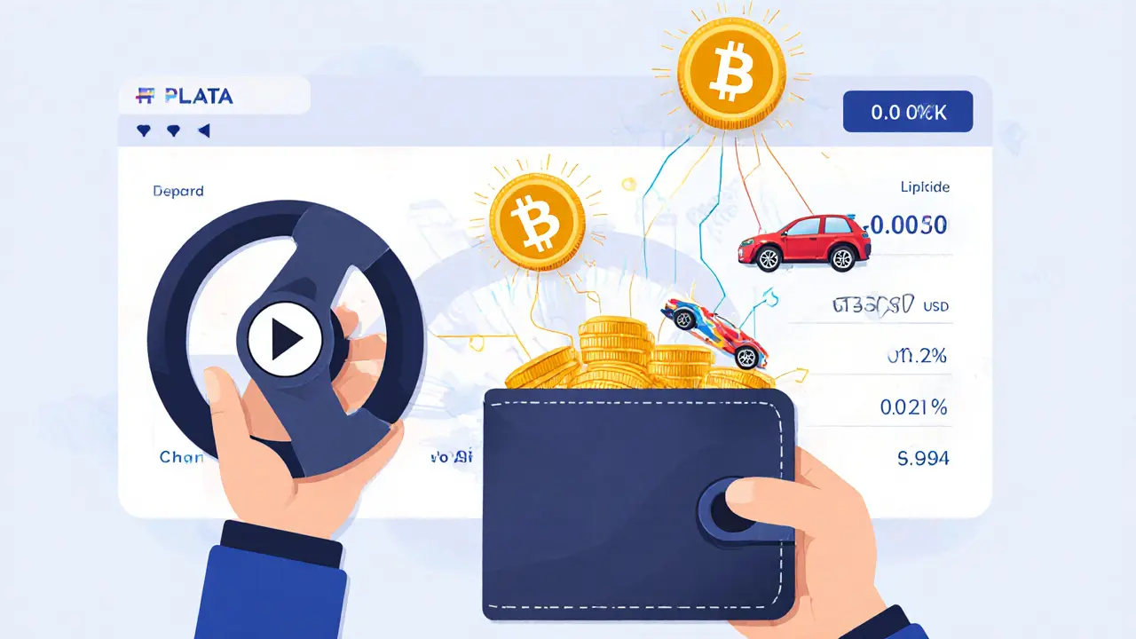 Eine Hand hält eine Wallet als Lenkrad, PLATA-Tokens fließen heraus und verbinden sich mit Bitcoin-Blockchain.