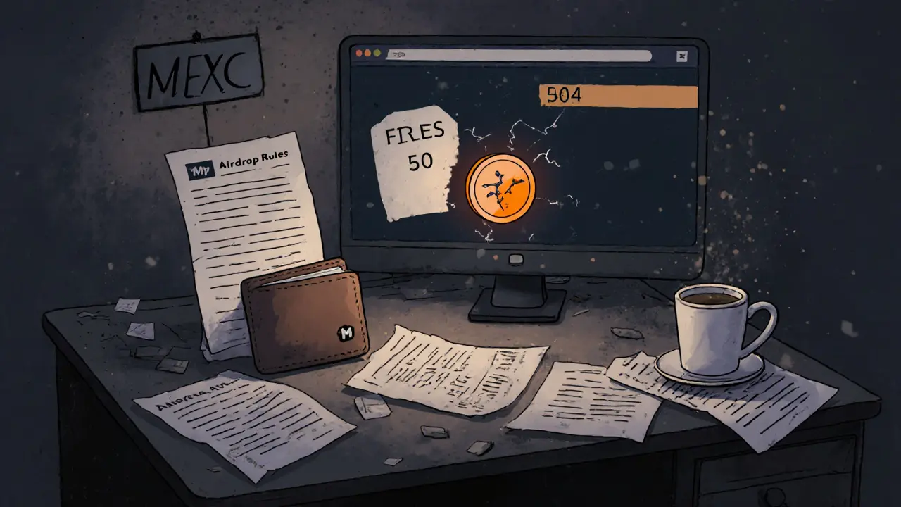 Eine verlassene Wallet mit einem einzigen CMP-Token auf einem staubigen Tisch, neben einer leeren Kaffeetasse.