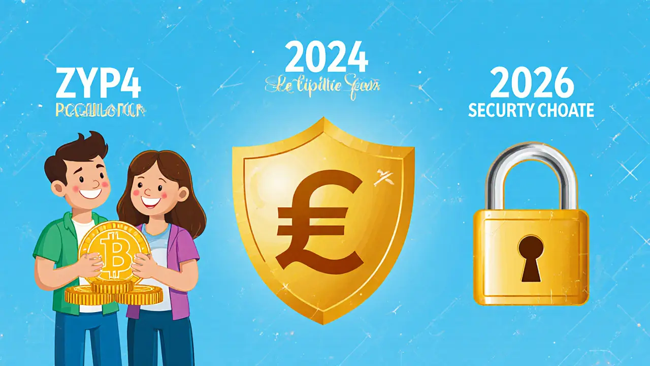 Familie hält Kryptowährungen unter einem Steuerfreie-Symbol, mit zukünftigem Sicherheitszertifikat.