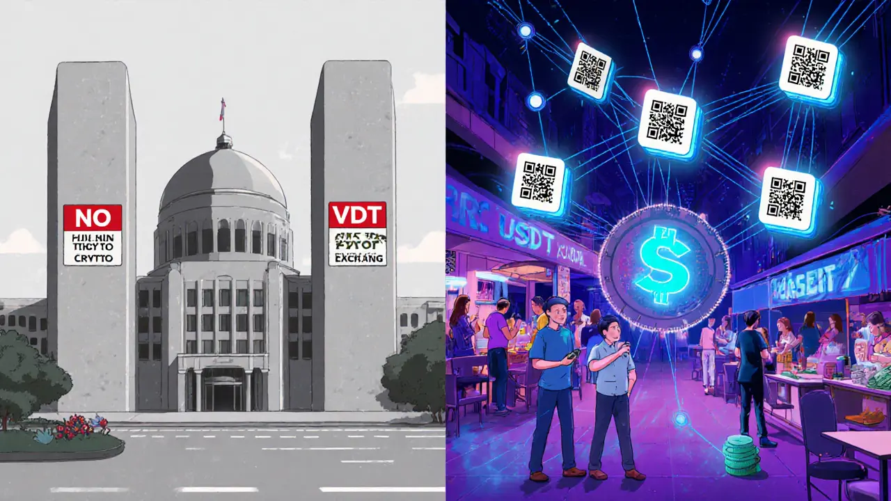 Gegenüberstellung: Starre Regulierungsbehörde links, lebendige Krypto-P2P-Netzwerke rechts in vietnamesischen Stadtvierteln.