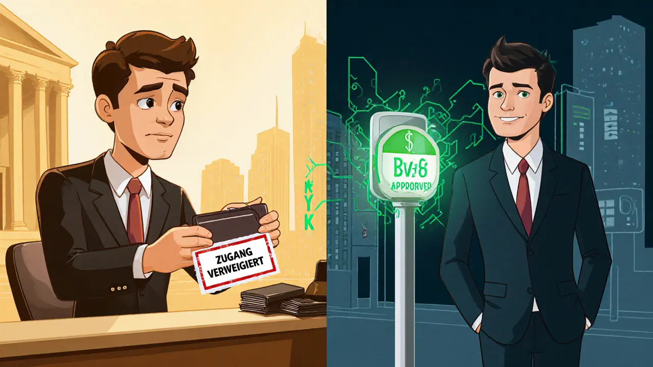 Linker Teil: abgelehnte Krypto-Start-up mit 'Zugang verweigert'; rechter Teil: lizenziertes Unternehmen mit sicheren Systemen.