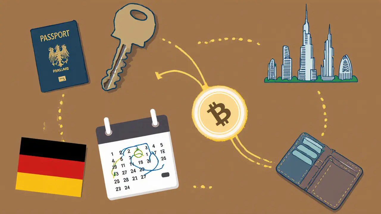 Schritt-für-Schritt-Checkliste für legalen Kryptosteuer-Umzug: Pass, Wohnungsschlüssel, Bankkarte und Kalender mit 183 Tagen.