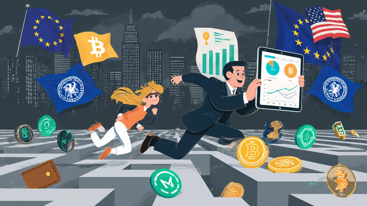 Steuerbeamter jagt einen Krypto-Investor durch ein Labyrinth aus Wallets und Transaktionen.