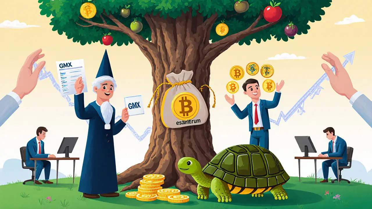 Three cartoon tokens — GMX, GLP, esGMX — as characters interacting under an Arbitrum tree with reward fruits.