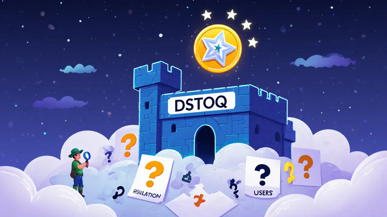 Unvollständige DSTOQ-Plattform mit fehlenden Elementen wie Regulierung und Nutzern, ein Stern-Token leuchtet als Hoffnungsschimmer.