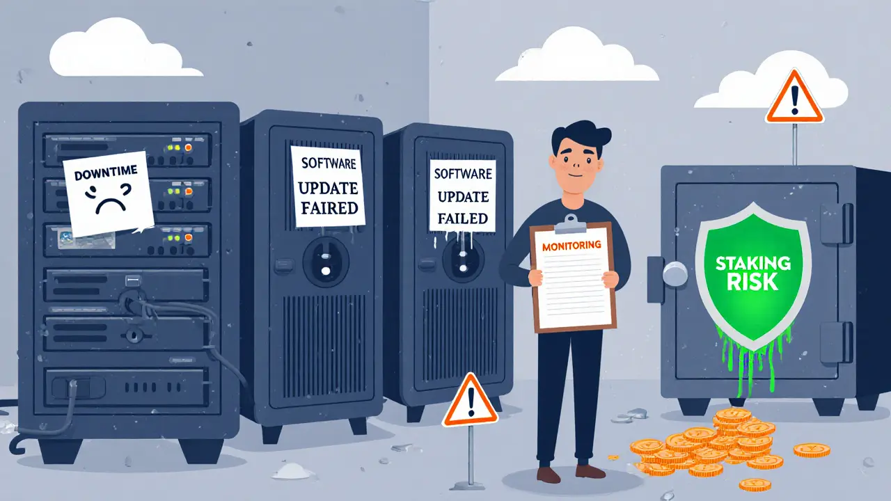 Validator server room with one server failing, another updating, and a protected one glowing green.